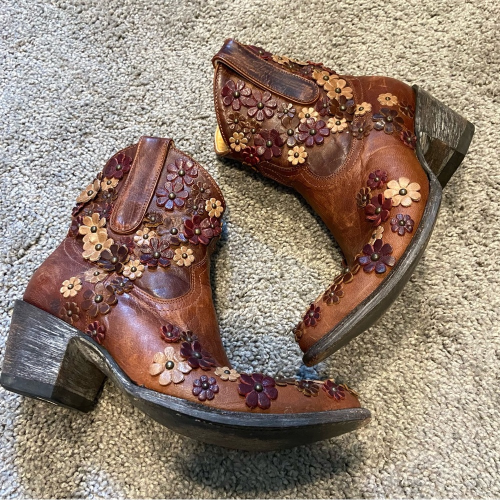 Old Gringo Hippy Dance Boots Burnished Leather 3D Appliquéd Studded Flowers 7.5B - Picture 3 of 16